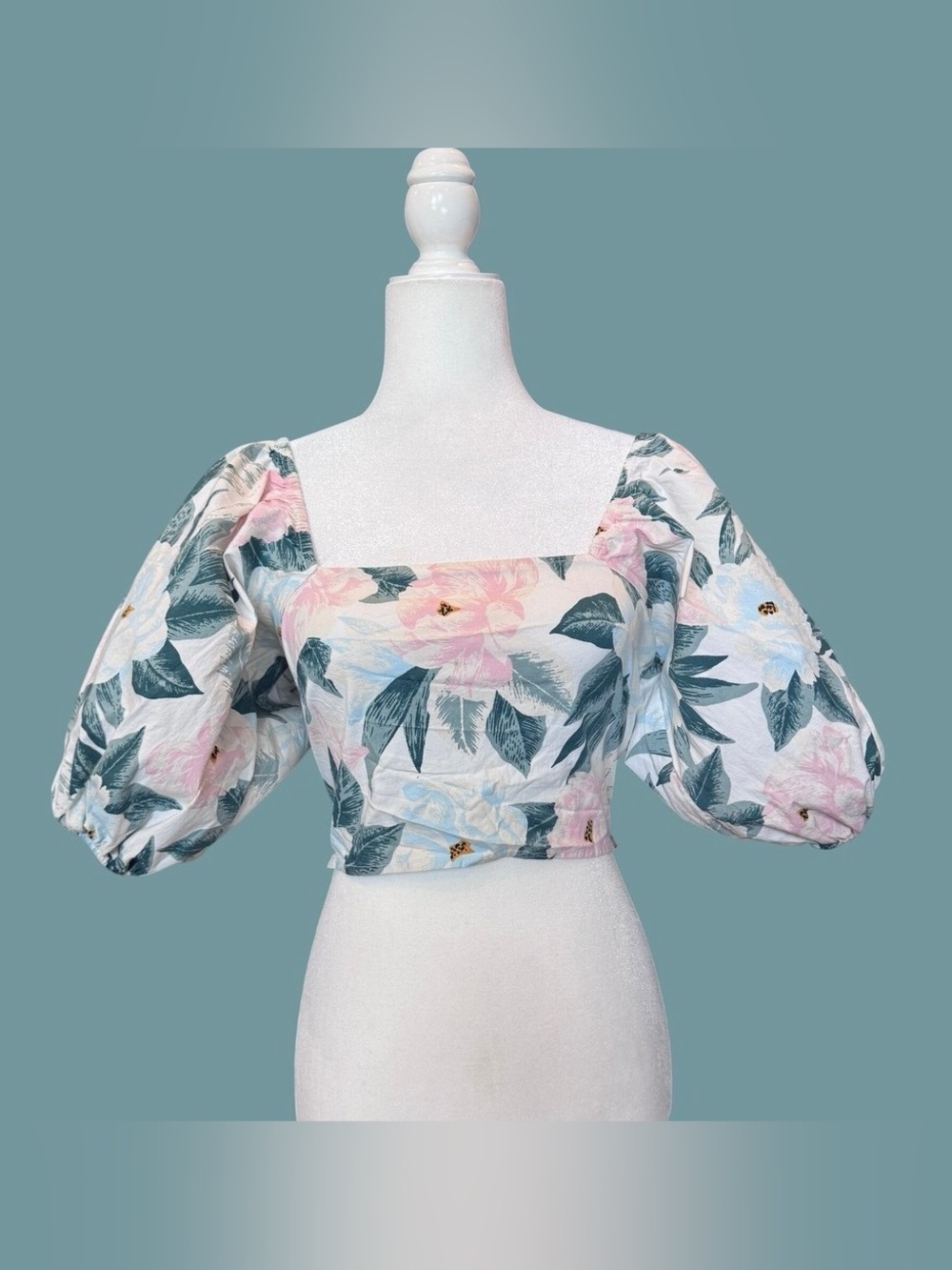 Billabong Floral Square Neck Puff Sleeve Crop Top - Pink & Green